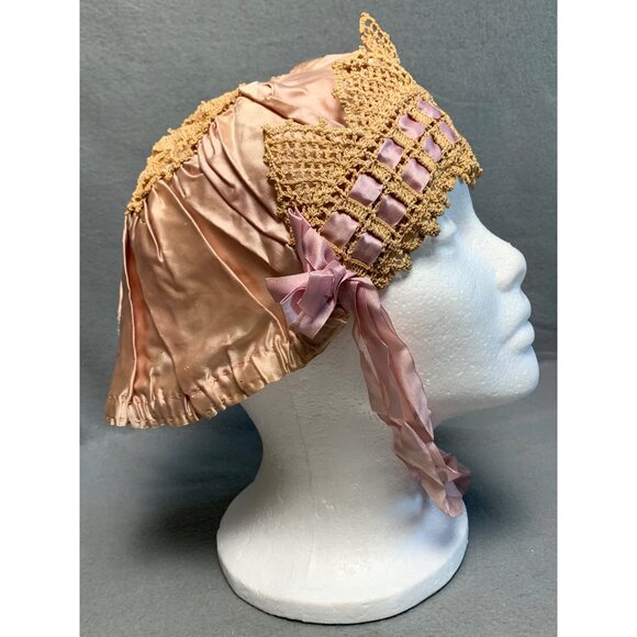 Vintage Pink Crochet & Silk Womens Bonnet with Ribbon Ties - Picture 14 of 16